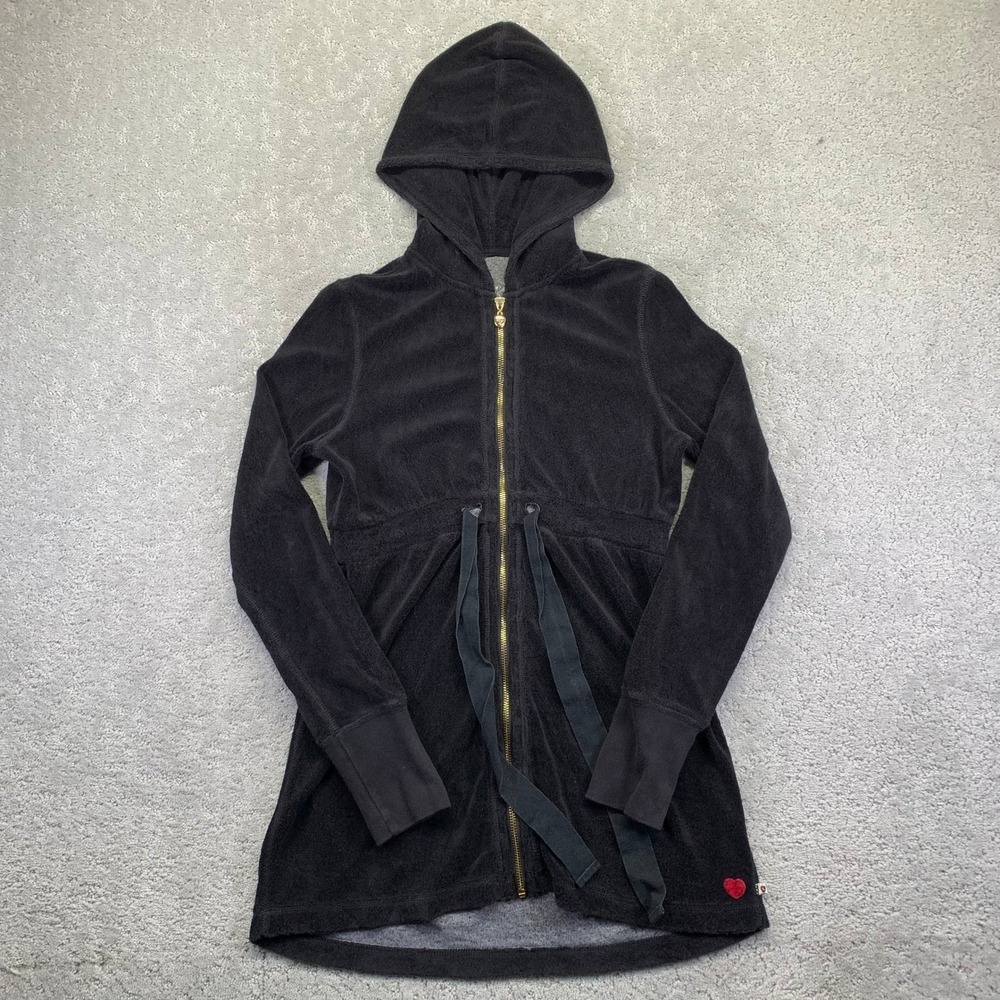Twisted Heart Womens Hoodie Size Small? Black Velour Tie Waist Long Zip Up Y2k